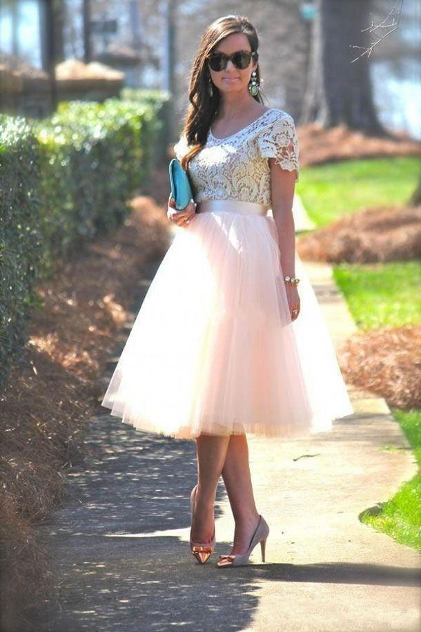 Cheap Prom Party Dresses with Short Sleeves Lace Top Blush Tutu Skirts Tea Length Formal Evening Gowns Bridesmaid Dresses