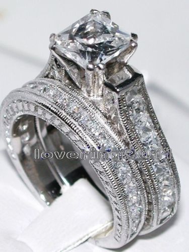 Size 5/6/7/8/9/10 Antique jewelry Nice princess Cut Topaz 14KT White Gold Filled GF Diamonique Wedding Ring Set for love gift