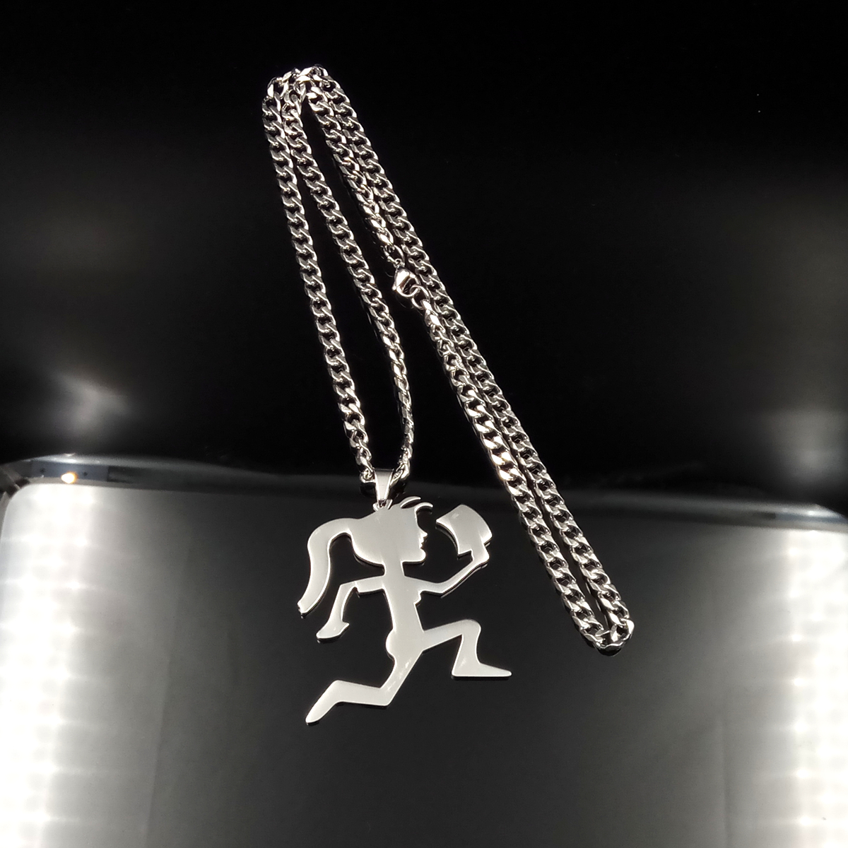 Free ship High Polished silver ICP Jewelry Silver Stainless Steel Hatchet Women Juggalette Pendant with 5mm 24inches Cuban Chain Necklace
