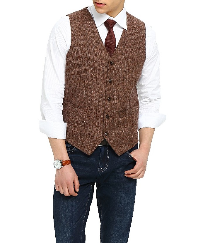 2020 Groom Vests Country Farm Brown Wool Herringbone Tweed Dress Vests Custom Made Slim Fit Men's Suit Wedding Waistcoat Dress Plus Size