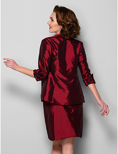 New Arrival Free Shipping Elegant Sheath/Column Mother of the Bride Dress With Jacket Burgundy Knee-length 3/4 Length Sleeve Taffeta