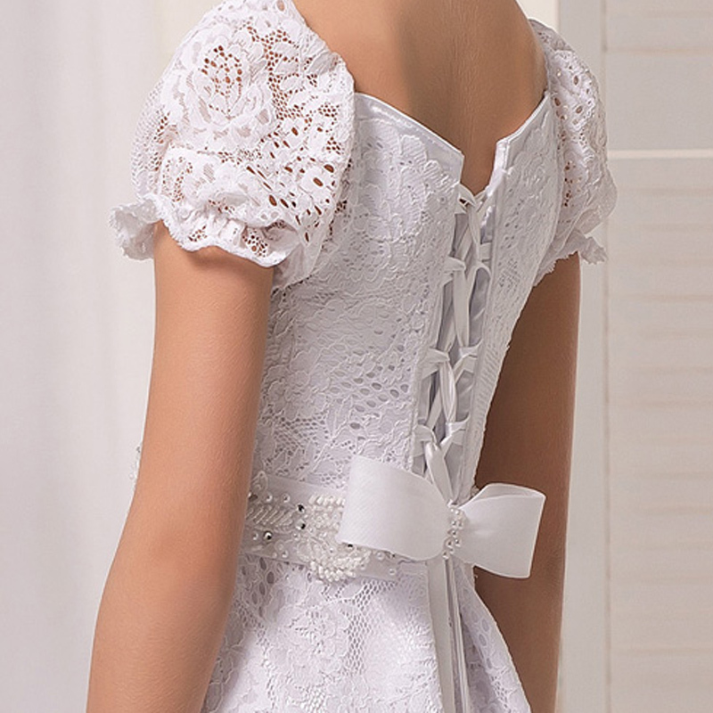 2020 White Rustic Lace vestidos de primera comunion leondo A Line Short Sleeve Floor Length Flower Girl Dress with Bow Sash