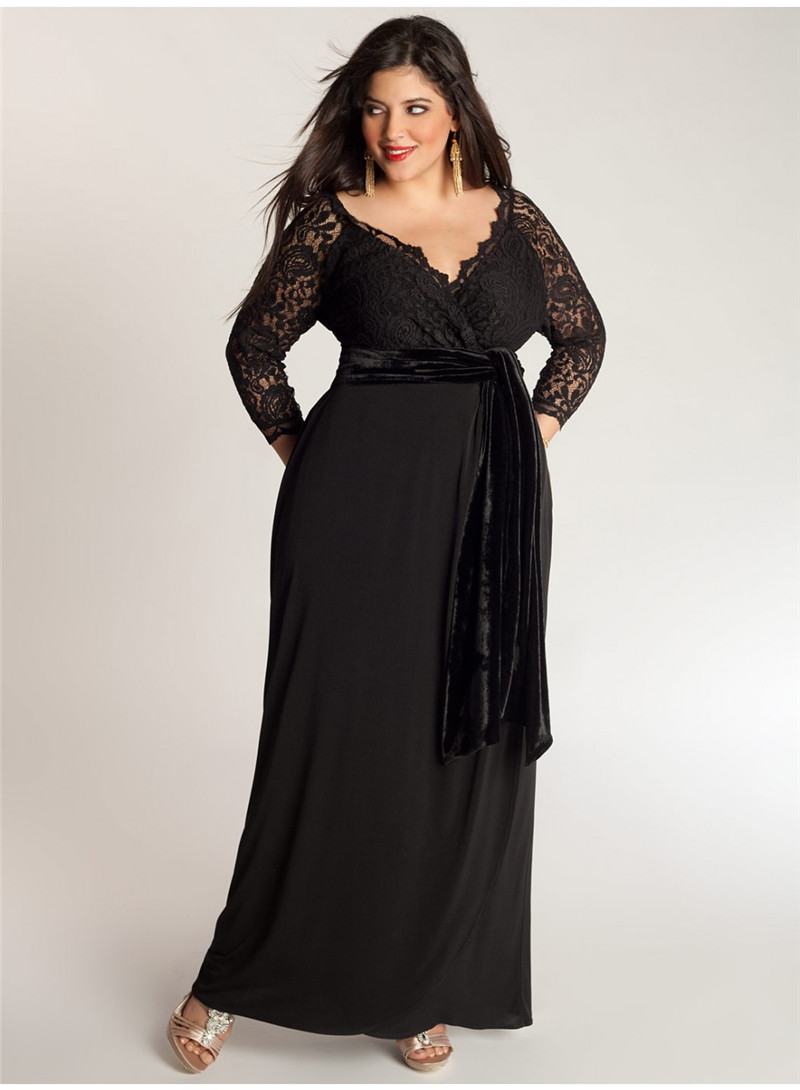 Elegant A-Line Plus Size Special Occasion Dresses Lace Top Sash Off-Shoulder V-Neck 3/4 Long Sleeve Ankle-Length Ladies Formal Prom Gowns