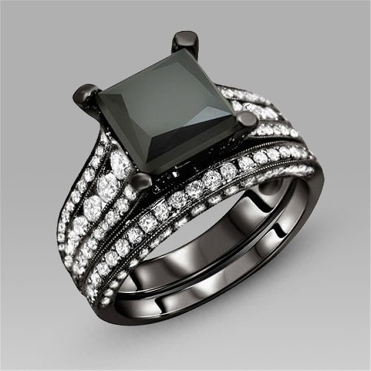 10kt Gold Filled Princess Topaz Black Sapphire Gemstone Ring Retro Sizes 5 to 10 Wedding Band for Women - Gift with Box