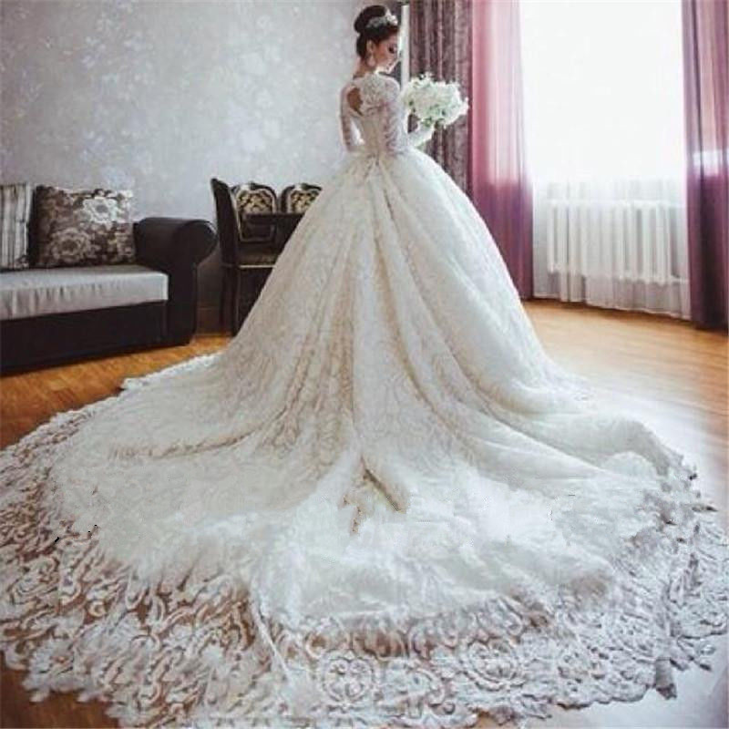 Sleeve Modest Long Saudi Arabic Wedding Dresses Open Back Jewel Neck Lace Appliqued Cathedral Train Country Bridal Gowns 0914