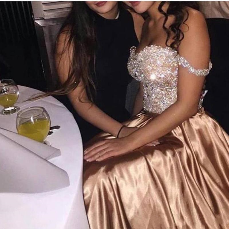 Beaded Crystal Prom Dresses 2018 Shining Evening Dress Arabic Dubai A Line Party Gowns Plus Size Off Shoulder Satin Custom Made 0510