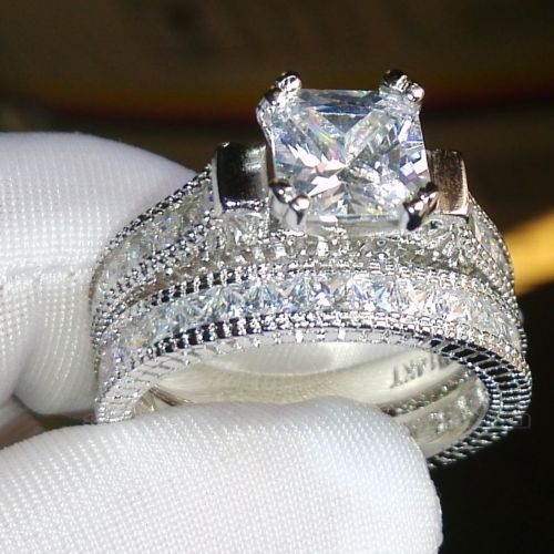 Size 5-10 Retro Princess Cut 14k white gold filled topaz simulated dias Wedding Ring set mother's day gift with box