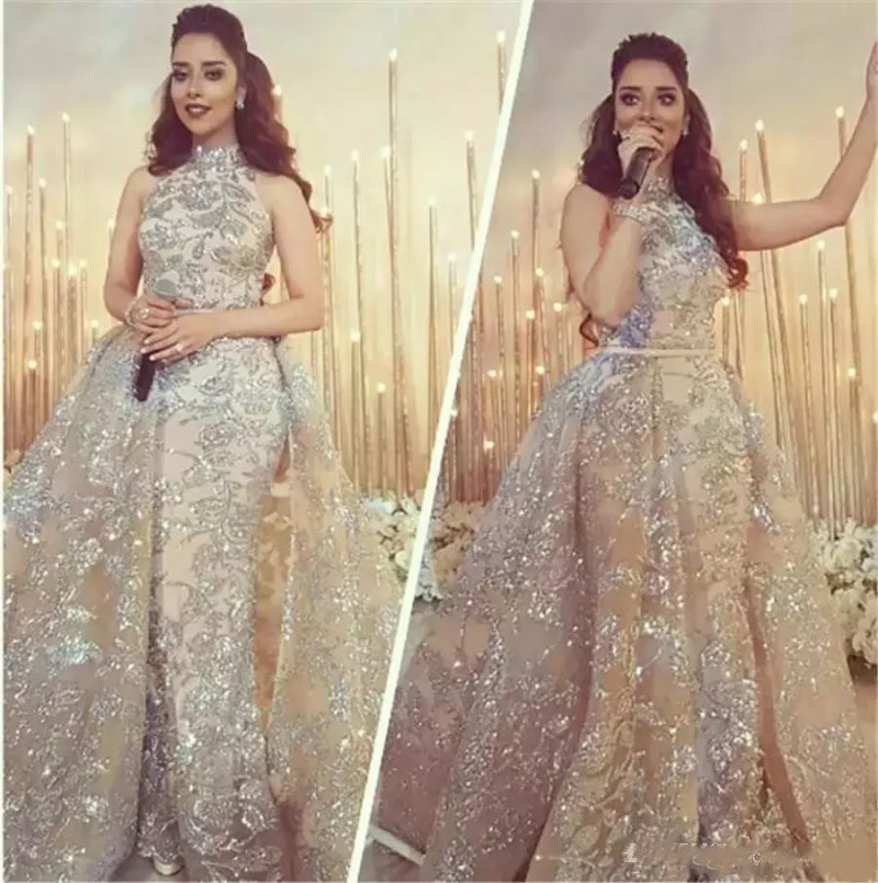 2018 High Neck Mermaid Evening Dresses With Overskirt Sparkly Lace Applique Sequins Dubai Arabic Prom Dresses Evening Gowns Custom Made