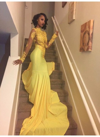 Long Sleeve African Girl Mermaid Evening Party Dresses Lace Flowers Yellow Prom Graduation Gold Pageant Gowns Illusion 0510
