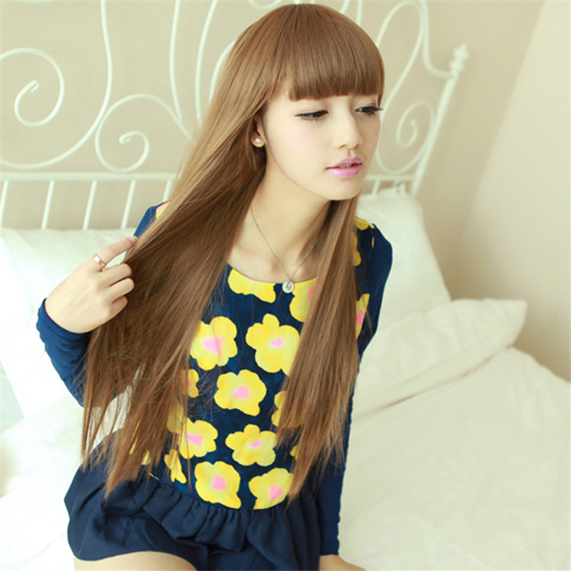 WoodFestival Natural long straight wig women cosplay black synthetic wigs with bangs brown heat resistant synthetic hair 70cm