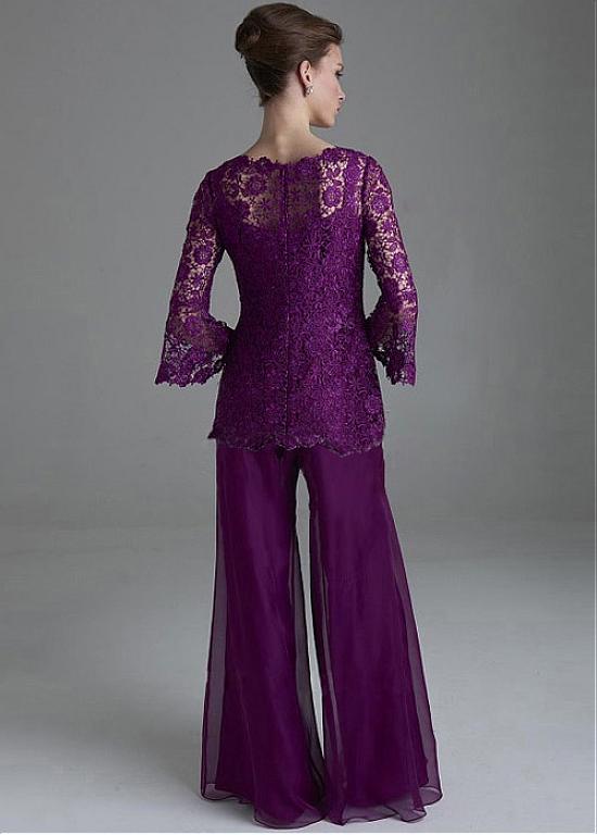 Classy Purple Lace Mother Of The Bride Pant Suits Sheer Jewel Neck Long Sleeves Wedding Guest Dress Plus Size Chiffon Mothers Groom Dresses