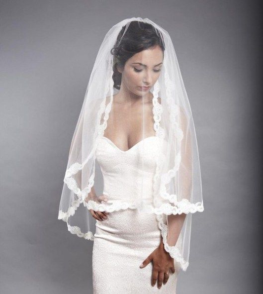 

Short Bridal Wedding Veils White or Ivory Alencon Lace Trim Fingertips Length One Tiered Bridal Veil Wedding Veils 2015
