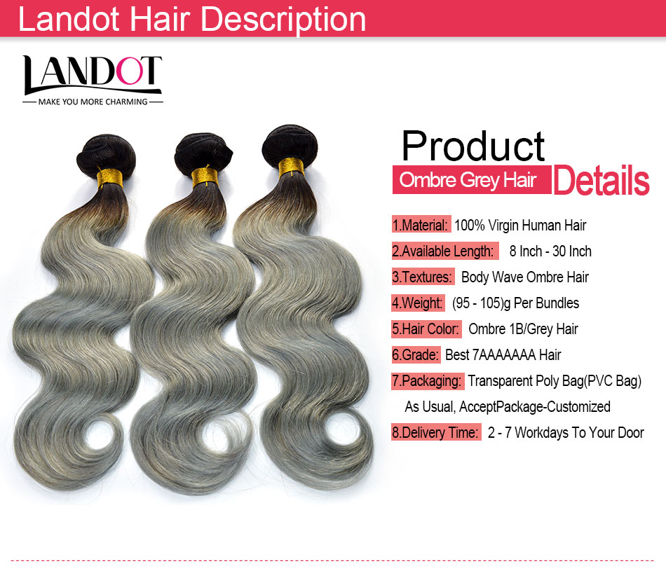 Ombre Silver Grey Brazilian Human Hair Extensions Two Tone 1B/Grey Peruvian Malaysian Indian Cambodian Body Wave Human Hair Weave Bundles