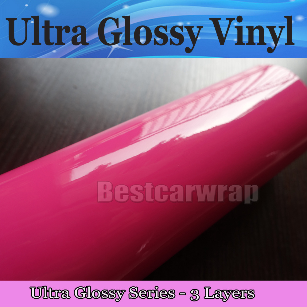 Premium Rose pink 3 Layers Gloss Vinyl wrap High Glossy Car Wrap Film with air Bubble Free vehicle wrap covering foil Size:1.52*20M/Roll 5x65ft Low ta