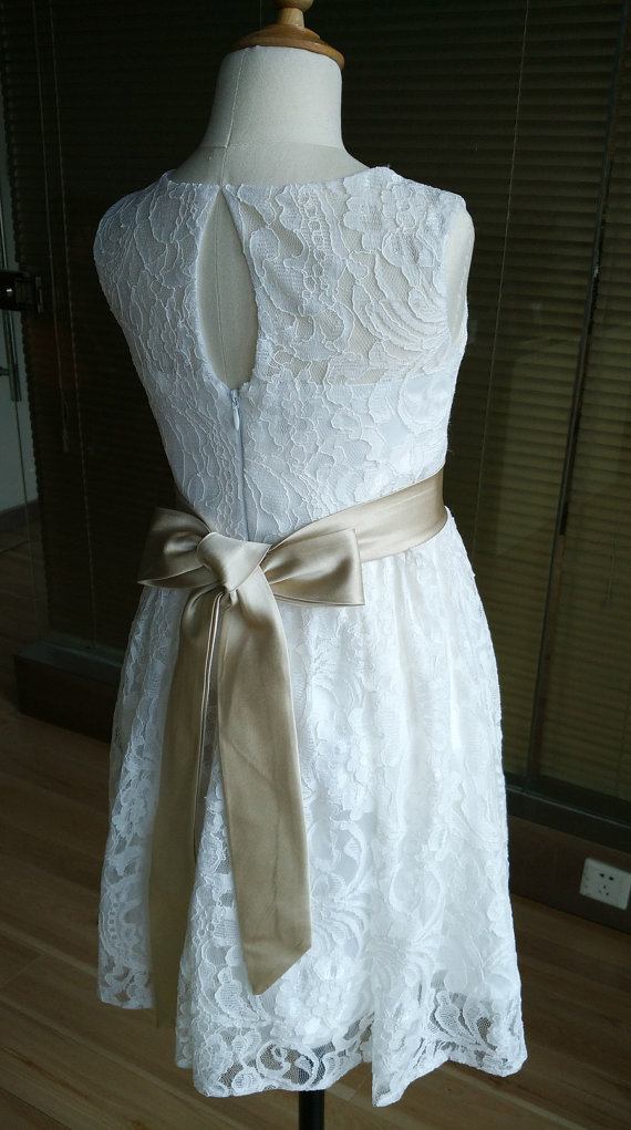 Ivory Lace Tulle Flower Girl Dress Tutu Princess Kids Children Girl Dress Junior Bridesmaid Dress With Champagne Sash Detachable For Wedding