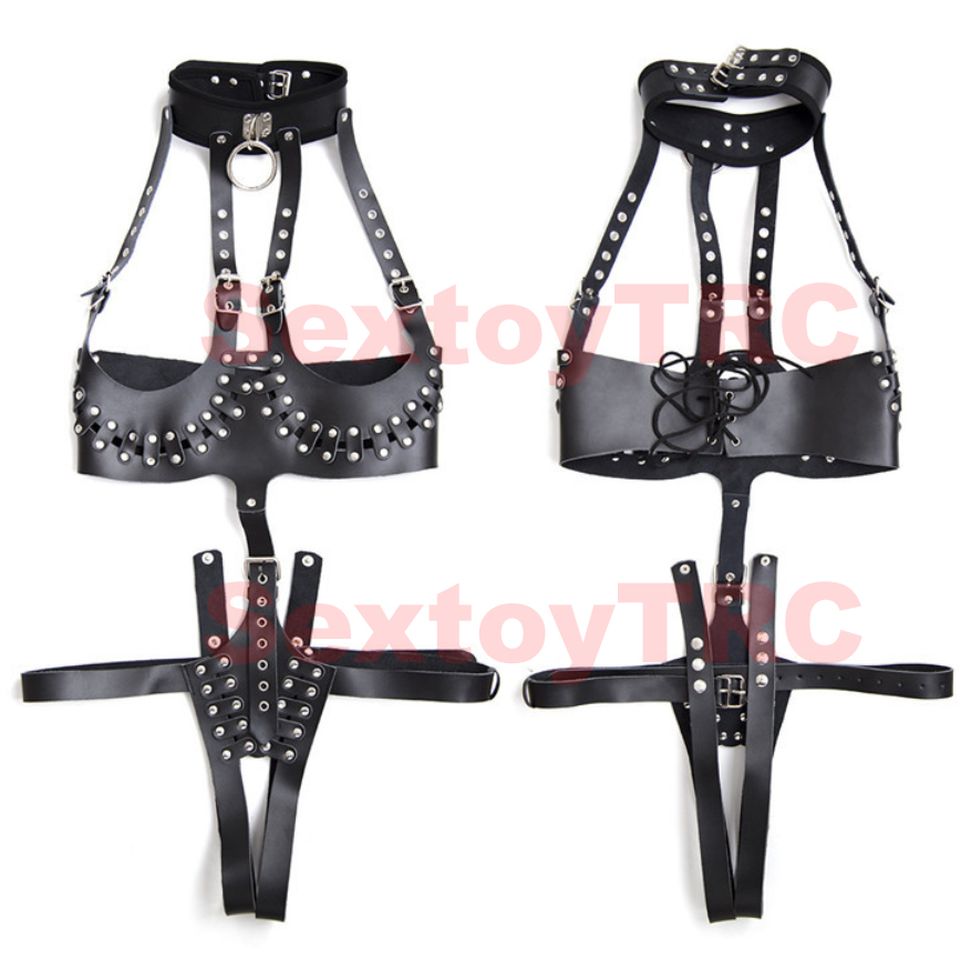 Sexy Crotch Ouvert Seins Harnais Crotchless Dominatrix Costume Faux Cuir Noir Cloutés BDSM Bondage Corsets Pour Femmes Féminines