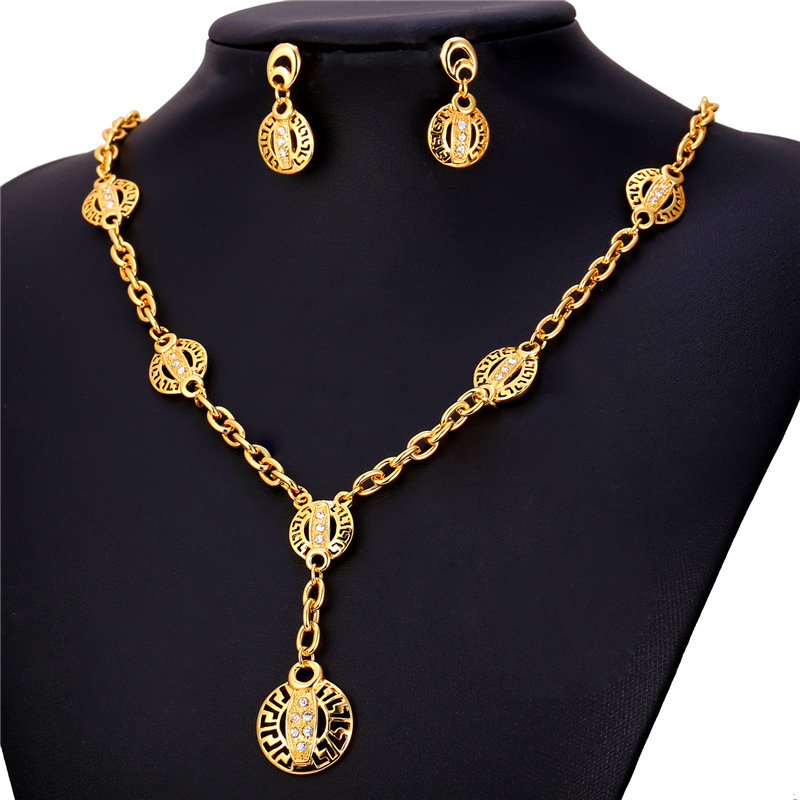 Women's Hollow G Pattern Gold Earrings 18K Real Gold Plated Rhinestone Africa Vintage Charm Necklace Set