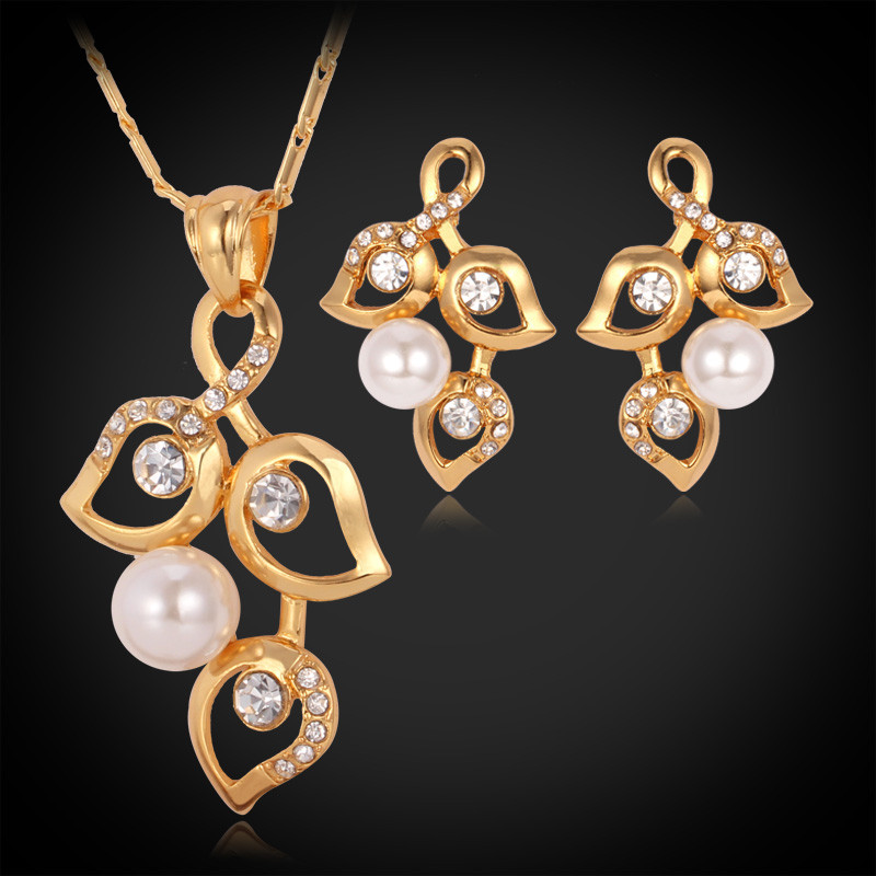 18K Real Gold Plated Gorgeous Jewelry Set New Design Tree Leaf Necklace Earrings Rhinestone Women [Factory Wholesale Y3074