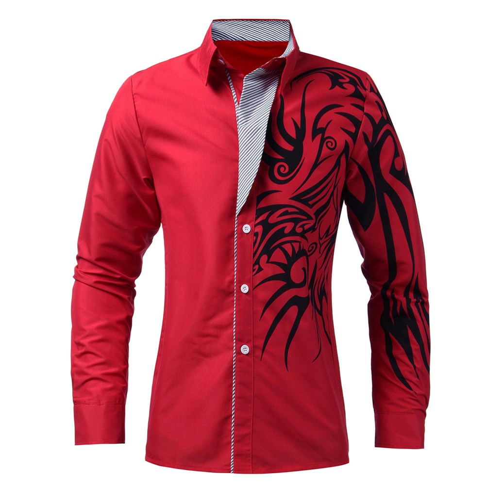 Podom 4 Color 2015 Men Autumn New Fashion Slim Long Sleeve Dress Shirts Novelty Dragon Tattoo Printed Casual Shirt Camisa S-XL FG1511