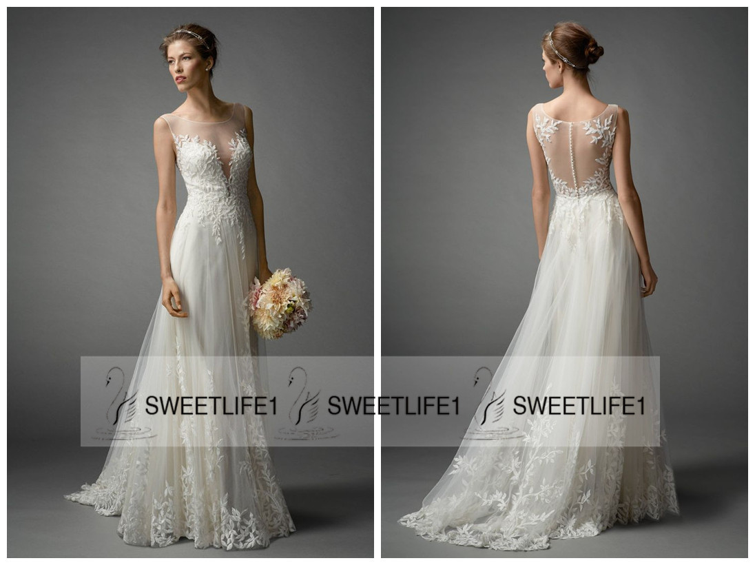 2019 New Arrival Watters A Line Sheer Wedding Dresses with Sexy Scoop Neck Sleeveless Lace Appliques Vintage Bridal Gowns Button Back, Black
2019 New Arrival Watters A Line Sheer Wedding Dresses with Sexy Scoop Neck Sleeveless Lace Appliques Vintage Bridal Gowns Button Back, Black