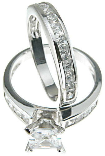 Stunning Topaz Wedding Engagement Ring Set in 10KT White Gold Filled Size 5-10