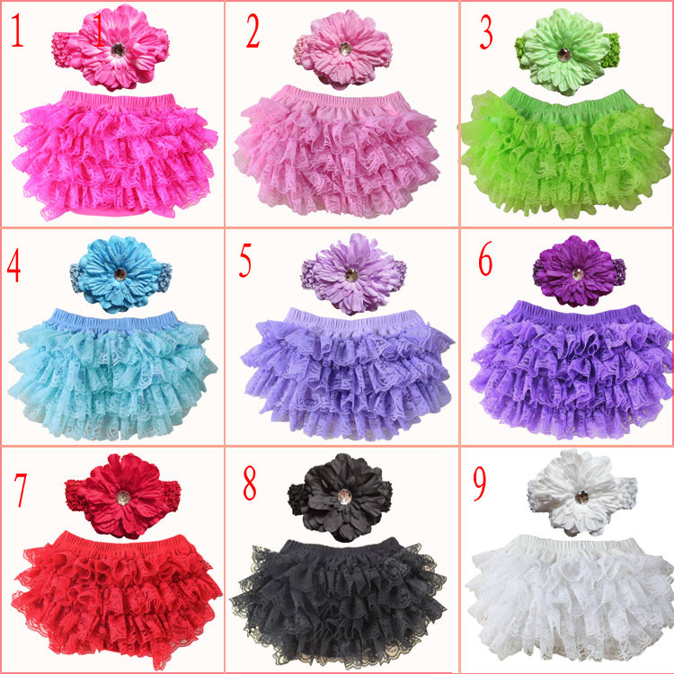 

9 Colors Baby Girls lace Ruffle Bloomer Headband Set (TUTU underwear+ flowear Headwear) Infant cake bloomers shorts pants diaper covers, Mix 9 colors;tell me color number