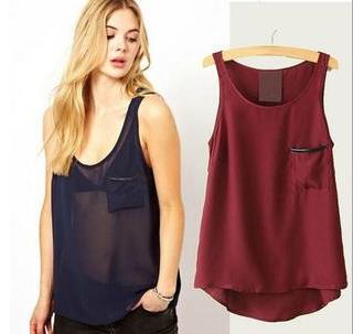 Women chiffon Tops Tees sheer Blouses Shirts fashion sexy lady solid color leather pocket vest plus size summer beach clothing gift