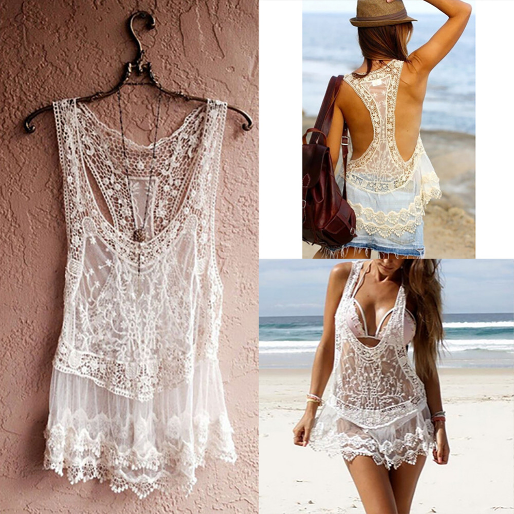 Wholesale- 2017 New Summer Dresses Women Beach Dress sexy Strap Sheer Floral Lace Beach wear Embroidered Crochet Hippie Boho vestidos Dress
