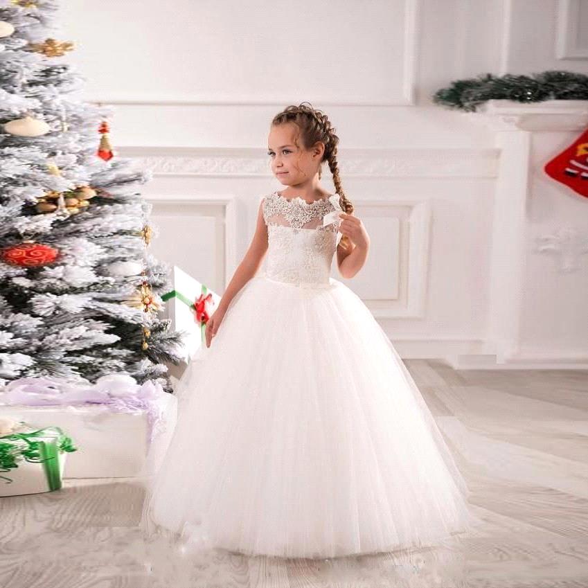 White Ivory First Communion Dresses Cute Little Girls pageant Dresses Tulle Ball Gown Floor Length Flower Girls Dresses BO9379
