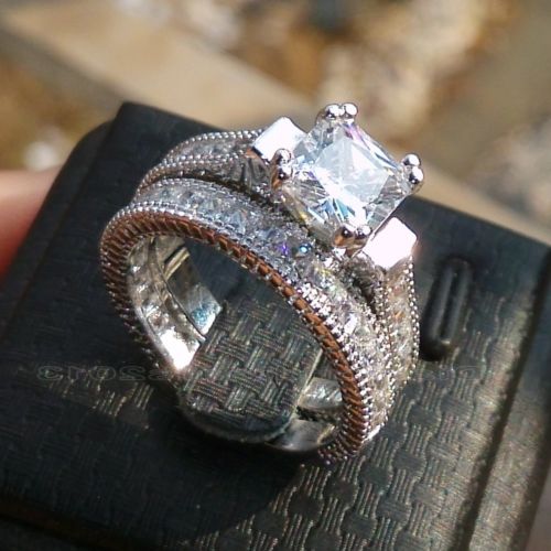 Size 5-10 Retro Princess Cut 14k white gold filled topaz simulated dias Wedding Ring set mother's day gift with box