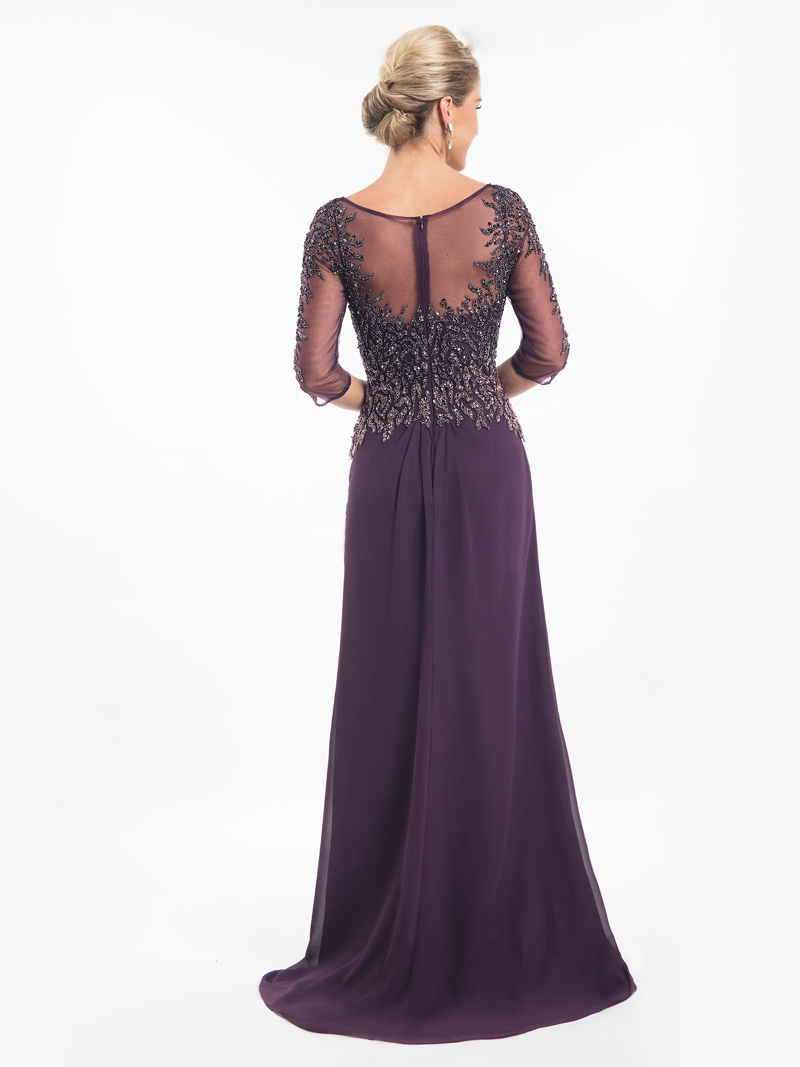 Sparkling Plum Mother of the Bride Dresses Illusion Sheer with Beading Sequins 3/4 Long Sleeves Pleats Chiffon Sweep Train Evening Gowns