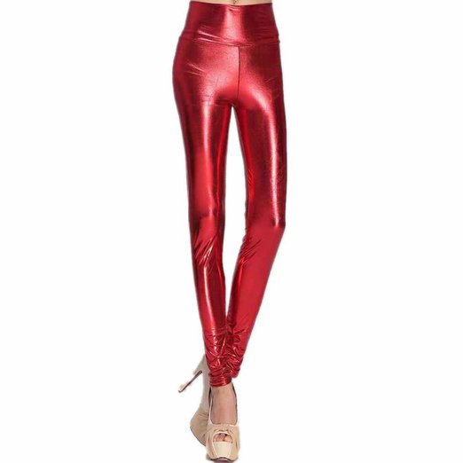 Women Fashion Faux Leather Leggings High Waist Metallic Wet Look Shinning Jeggings Female Night out Clubwear Party Multicolor High Rise Pant