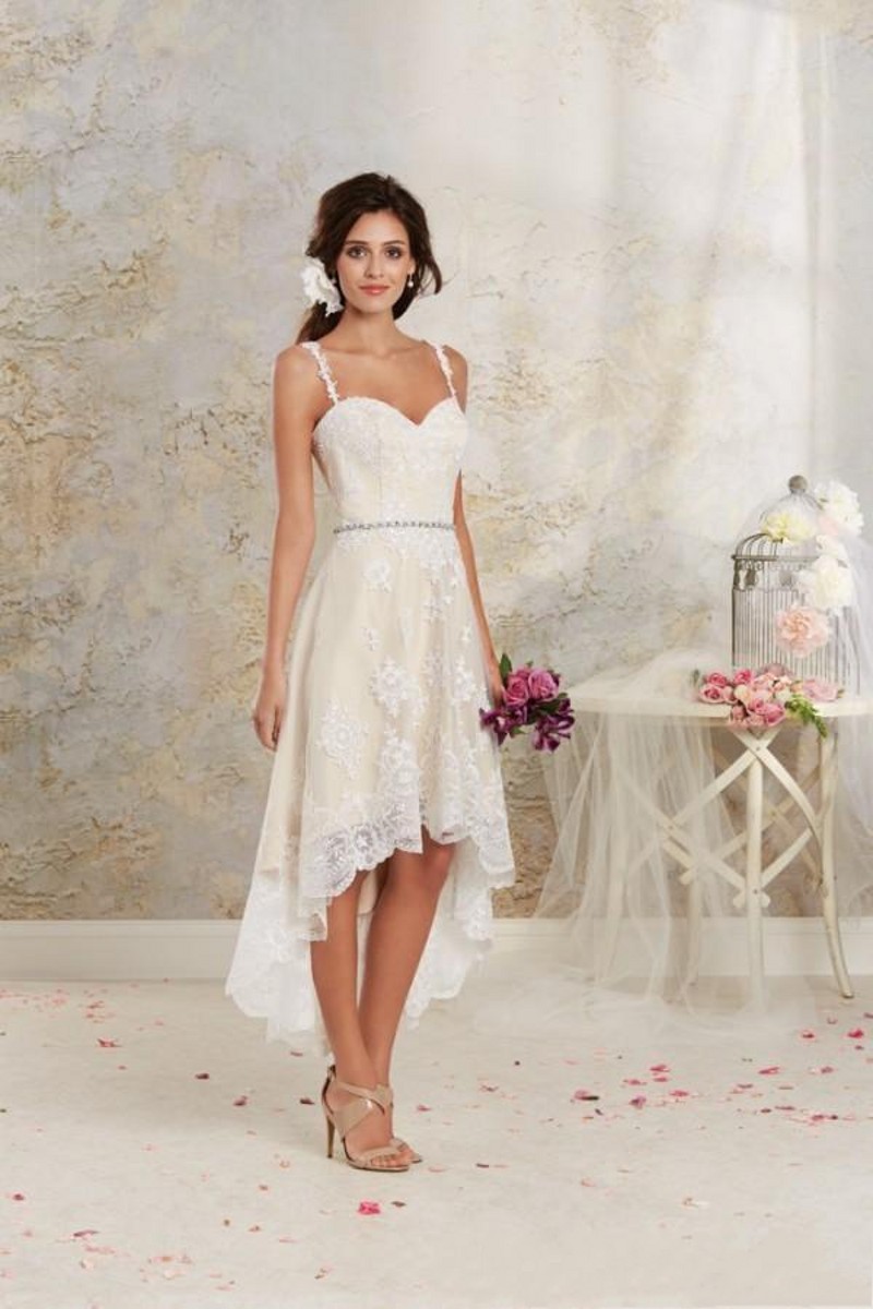 2020 New Detachable Skirt A Line Vintage Bridal Gowns Spaghetti Straps Crystal Beaded Sash High Low Short Lace Wedding Dresses 033