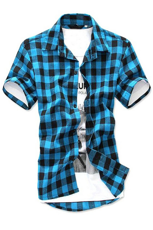 Men's Young Adult Casual Cotton Linen Plaid Button-up Short Sleeve Turn-Down Collar Slim Fit Student Shirt Top Outwear M-2XL Multicolor