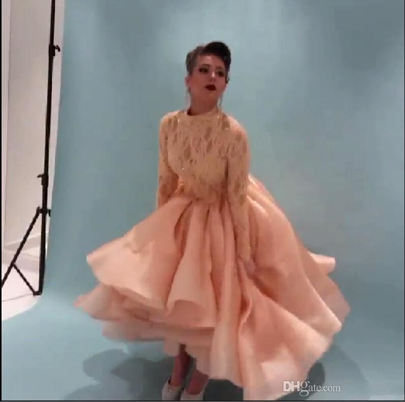 2022 Myriam Fares Celebrity Dresses With Long Sleeves Prom Dress Beaded Lace Party Dresses High Neck High Low Arabia Cocktail Evening Gown