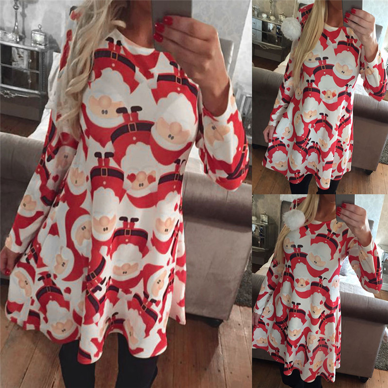 High Quanlity Womens Tshirt Dress Long Sleeve Deer Santa Claus Print Christmas Women Merry Christmas Dress -XL Free Shipping, Black