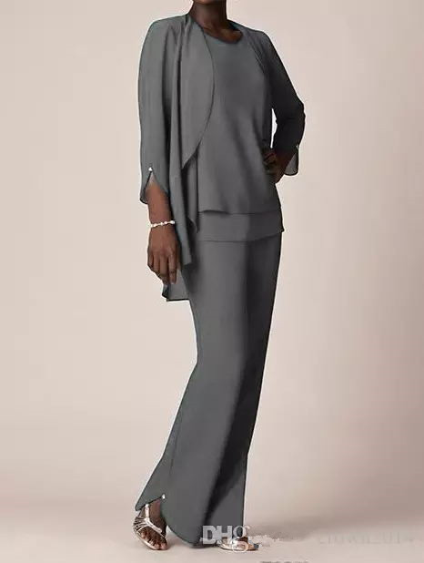 Grey Chiffon Formal Pant Suits For Mother Groom Dresses Evening Wear Long Mother of the Bride Dresses With Jackets Plus Size Custom