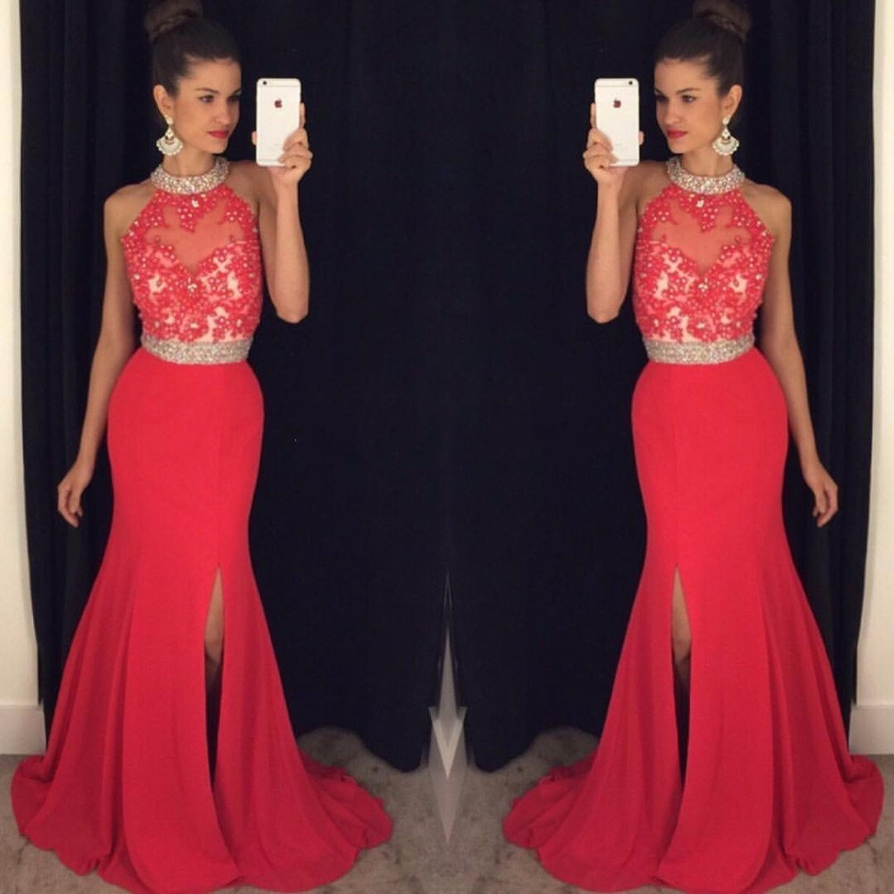 Red High Neck Mermaid Prom Dresses 2016 Applique Lace Chiffon Side Split Crystal Beaded Formal Evening Party Pageant Gonws, White
Red High Neck Mermaid Prom Dresses 2016 Applique Lace Chiffon Side Split Crystal Beaded Formal Evening Party Pageant Gonws, White