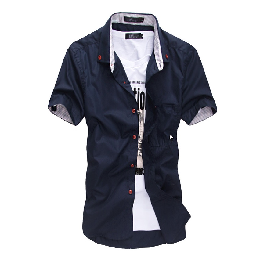 Wholesale-The new summer Style men's shirt style dress embroidered stripes hit color mushroom cultivating short-sleeved The Fashion Design