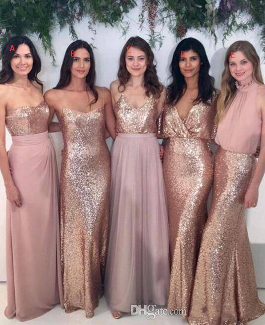 Cheap 2020 Bridesmaid Dresses Mix and Match Blush Pink Chiffon with Rose Gold Sequined Fabric Floor Length Mixture Styles Country Party Gown от DHgate WW