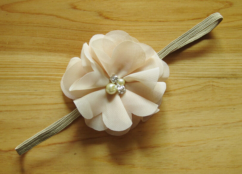 40pcs 3" Chiffon hair bow flower hair accessories kids baby pearl lace applique stretchy Ropes Elastic Headband skinny hair band PJ5212