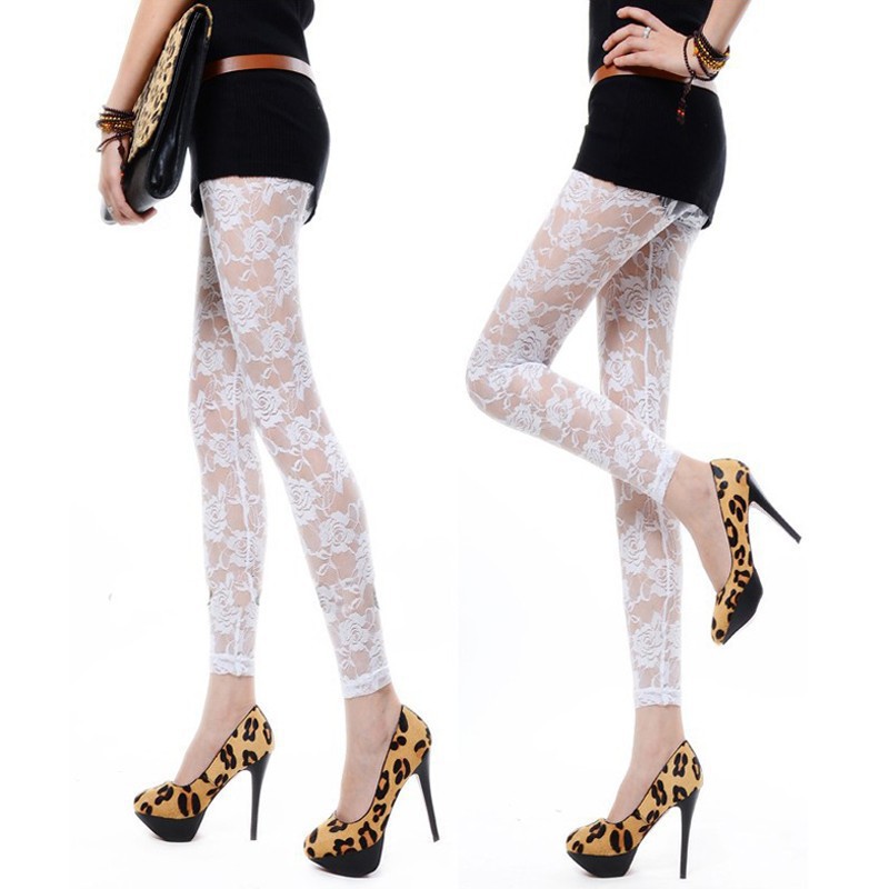 Wholesale-Black White Rose Lace Through Leggings Pants Footless Sexy For Women Lady