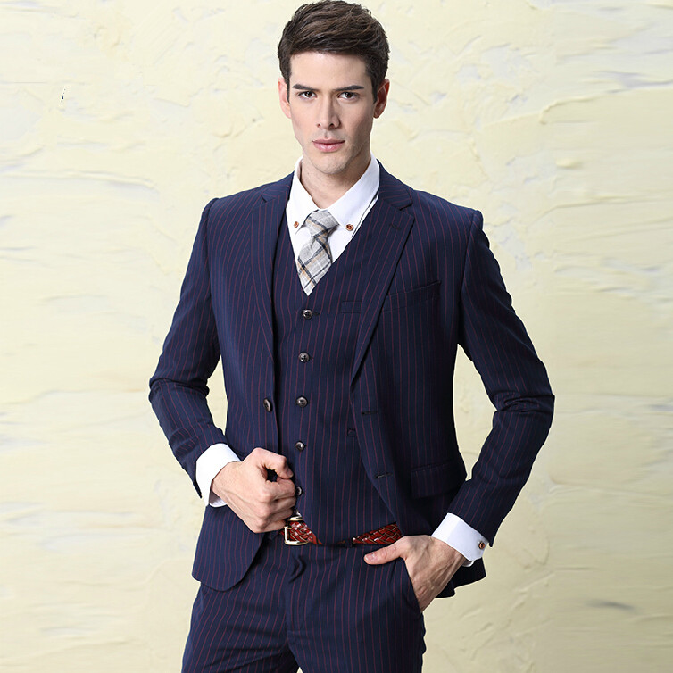 Handsome charming three-piece Men's slim suits turn-down collar stripe young man bridegroom business suit