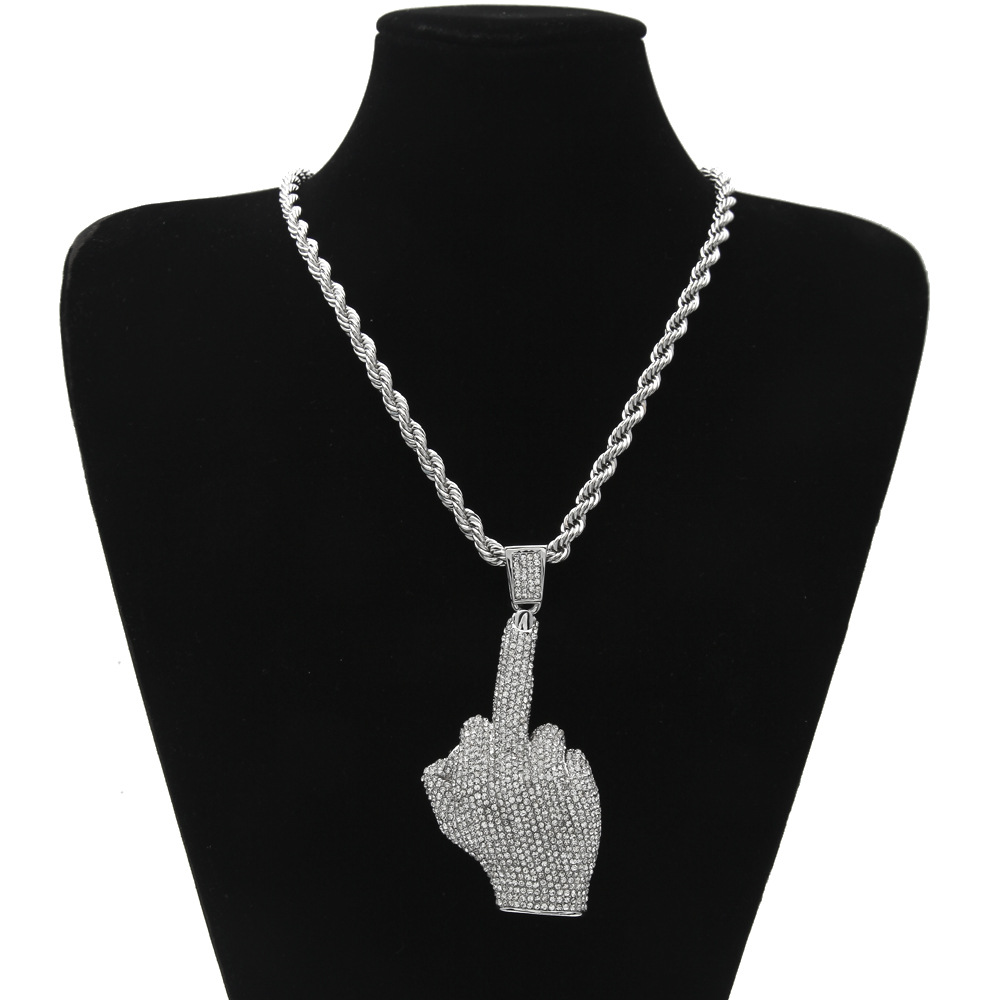 2017 Middle Finger Diamond Necklace Street Wind Heavy Drill Full Diamond Alloy Big Finger Pendant Vertical Middle Finger Hip Hop Necklace