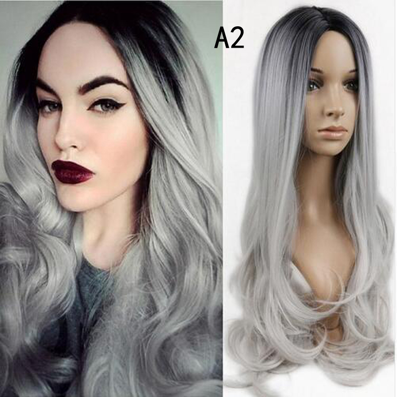 Long Hair Wigs High Density Temperature Swiss Hair Synthetic Wigs Ombre Grey Color Cosplay Wigs For Black/White Women