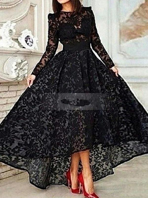 2016 Hot Sale Fashion New Arrival Charming Free Shipping Long Sleeve Round Neck Zipper Up A-Line AsymmetricBlack Lace Evening Dresses 1000