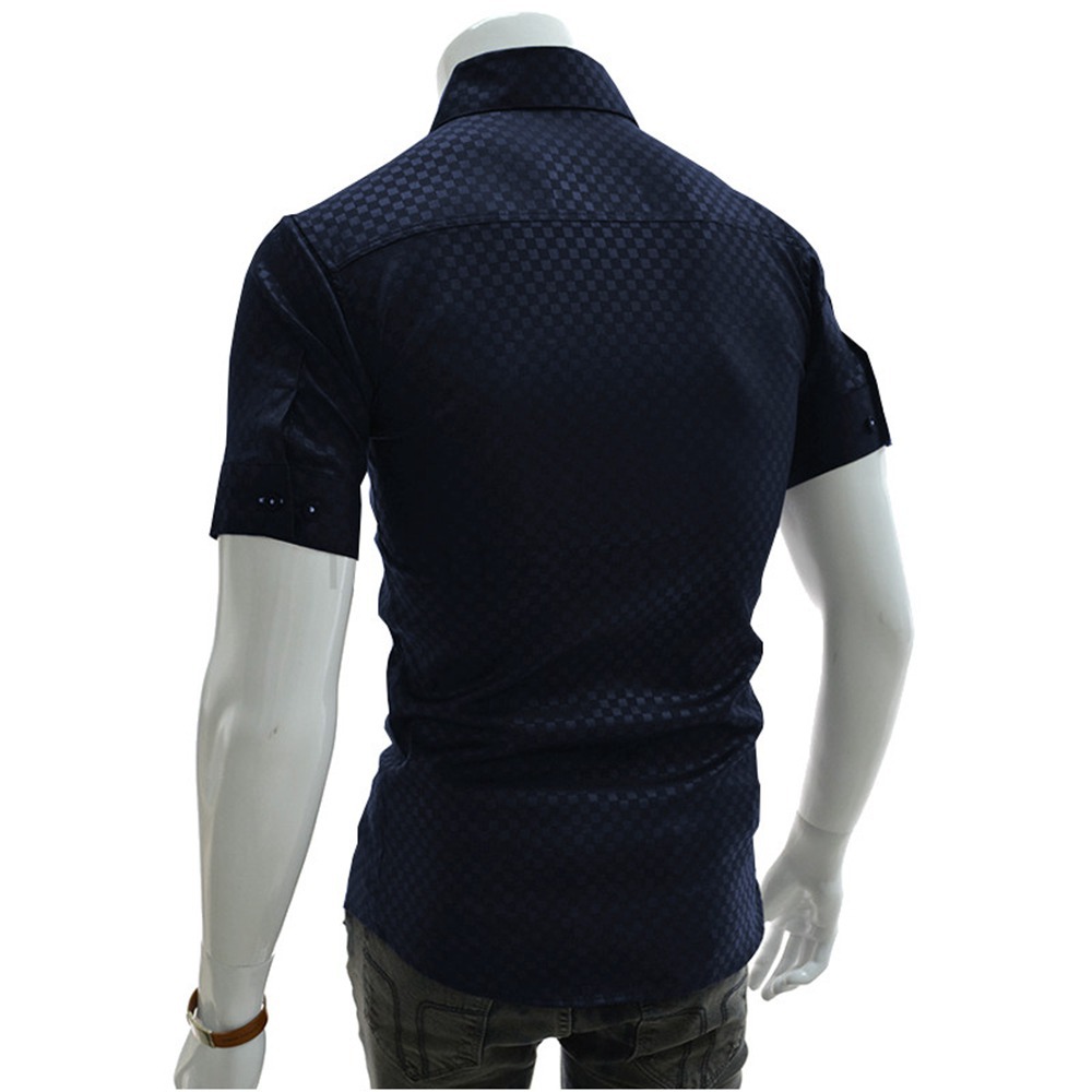 New 2015 Mens Summer Fashion Slim Fit Shirt Tops Short Sleeve Dark Plaid Casual Dress Shirts High Quality 3 Colors Size L XL XXL FG1511