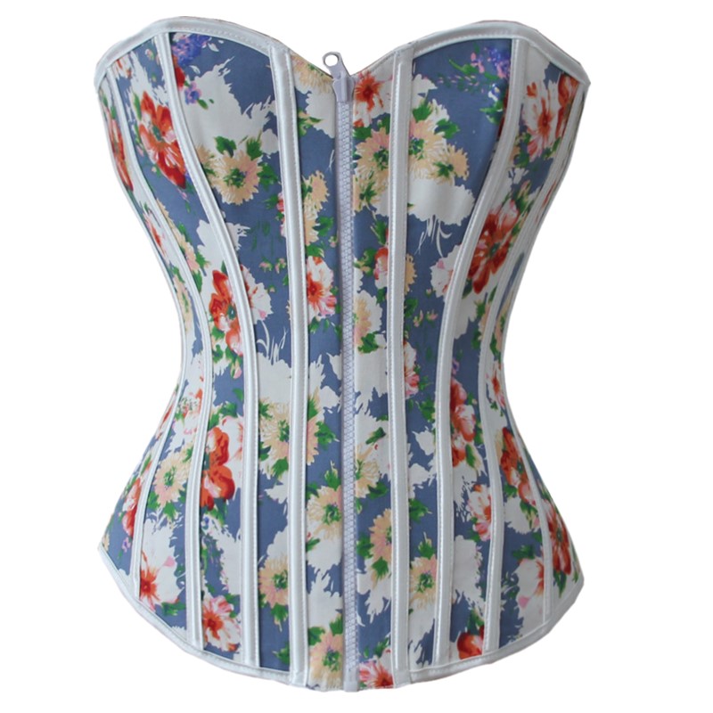 Women's Fashion Multi Floral Printed Zip-up Front Two Side Wear Reversible Lace-up Back Corset Bustier Plastic Boned S-XXL Drop Ship