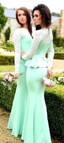 2017 Mint Green Chiffon Mermaid Bridesmaid Dresses Long Cheap Crew Illusion Long Sleeve With Peplum Maid Of Honor Gowns Custom Made EN11219