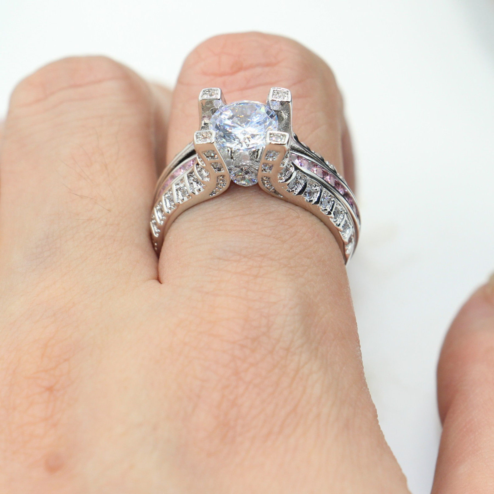 SZ5-11 Luxury wholesale Professional fashion jewelry 10kt white gold filled Gf pink topaz Wedding Engagement Band Ring set gift